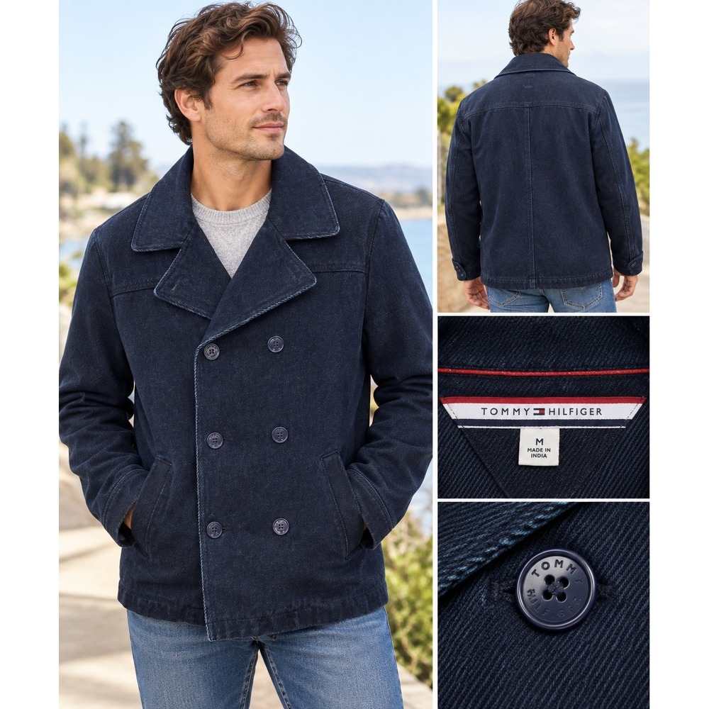 Tommy Hilfiger Mens Pea Coat Cotton Twill Navy Blue Double Breasted Jacket L